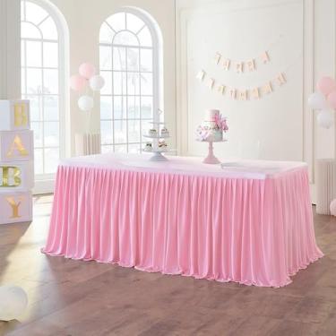 Imagem de Saias de mesa rosa, mesas redondas retangulares, saias de mesa de poliéster, toalhas de mesa com babados para festa de aniversário, casamento, chá de panela, decoração, rosa, A78 x C122 cm x 1 peça