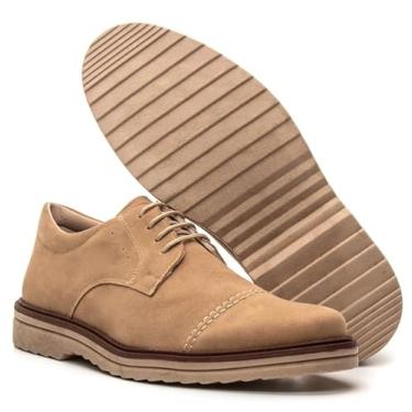 Imagem de Sapato Masculino Oxford Nobuck Atria Shoes, Couro Ecológico, Estilo Derby Tratorado, Casual e Social, Cor Areia, Tamanho 42