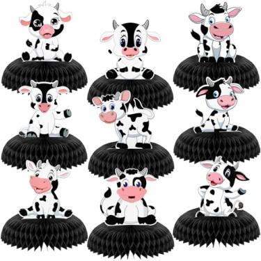 Imagem de 9 peças impressão de vaca peças centrais de favo de mel tema de vaca festa favo de mel toalha de mesa animal de fazenda vaca suprimentos para festa de vaca decoração de festa de aniversário de vaca para crianças brindes de festa de aniversário de vaca para crianças