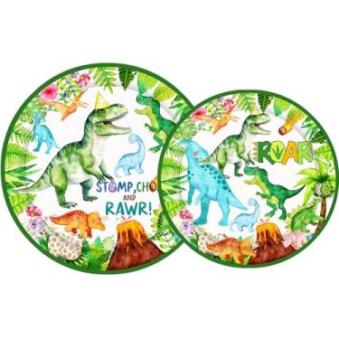 Imagem de pratos de papel aquarela verde dinossauro festa de aniversário para meninos 1º 2º 3º 16º aniversário servir 48
