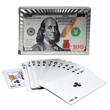 Imagem de Baralho Prata Luxo 54 Cartas com 2 Coringas Design Dólar 100 Impermeável Durável Poker, Truco, Buraco e Jogos de Mesa Deck Tranca Cards
