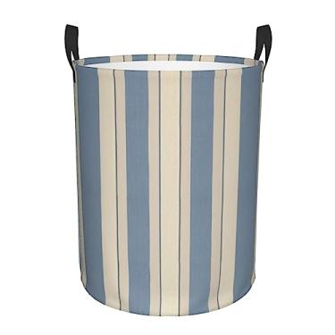 Imagem de Cesto de lavanderia listrado azul bege dobrável à prova d'água cesto de armazenamento de roupas com alças pano oxford organizador de brinquedos cesta para banheiro, lavanderia, quarto, pequeno