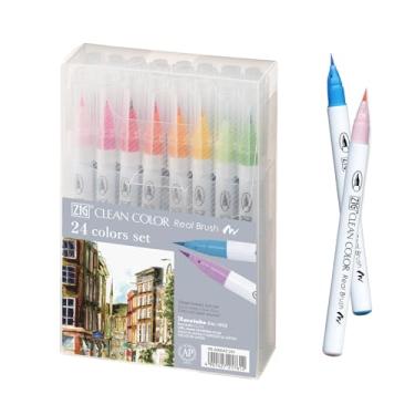 Imagem de Kuretake Zig Clean Color Real Brush Conjunto de 24 cores, canetas marcadoras com ponta de pincel, para profissionais e artistas, coloração, desenho, caligrafia, letras, feitas no Japão