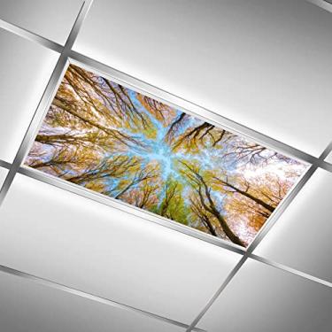Imagem de Wendaoblt Capa de luz fluorescente de teto outono outono queda de floresta 6 x 1,2 m galhos de árvore topo folhagem claraboia filme filtro decorativo capa de luz de teto para sala de aula escritório