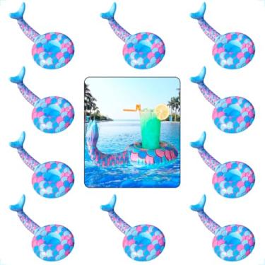Imagem de Kit 10 Porta Copos Boia Inflavel Piscina Varios Formatos Porta Lata Brinquedos para Piscina (Sereia)