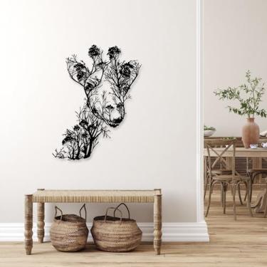 Imagem de Rajukit Arte de parede de girafa, decoração de parede animal grande de metal com silhueta de árvore, decoração de casa de vida selvagem africana, escultura de parede natural extra larga