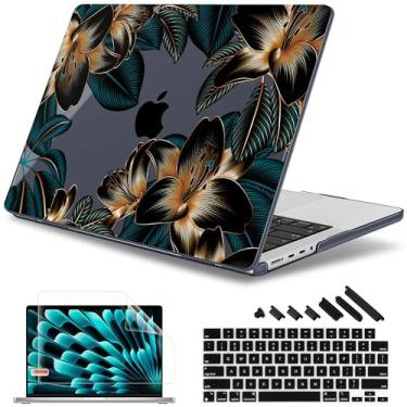 Imagem de May Chen Capa Para Macbook Pro M4 De 14 Polegadas, A3112, A3401 Max, A3185, M3 A2918, A2992, M2 A2779, M1 A2442, Lançamento 2024, 2023, 2022 E 2021, Rígida Plástico Com Teclado, Flores Lírio Dourado