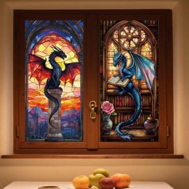 Imagem de ANATTASOUL Adesivos de janela estática dragão voador e livros, 1 folha de decalques reutilizáveis de janela para vidro, 120 cm x 30 cm adesivo de janela dupla face removível para quarto, escritório
