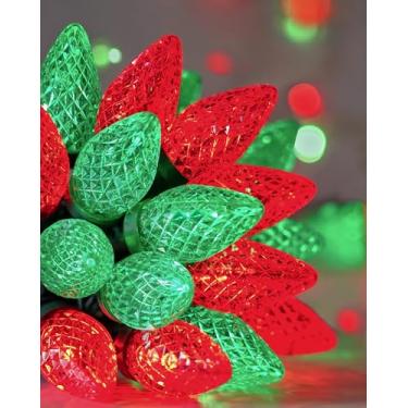 Imagem de SURAIELEC Cordão de luzes LED C9 de Natal ao ar livre, 100 LED, extensível decorativo interno e externo para casa, árvores, telhados, pátio, brilho vermelho e verde, impermeável, listado pela UL