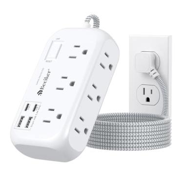 Imagem de Faixa de alimentação com 4 USB (2 USB C) com interruptor - cabo de extensão trançado plano de 1,8 m com 6 tomadas amplas, plugue plano para montagem na parede, estação de carregamento USB para casa