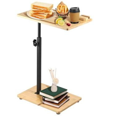 Imagem de ZJRDYYK Mesa de bandeja de sofá, mesa lateral de sofá com altura ajustável de 40 a 76 cm, bandeja de TV com compartimentos para telefone e tablet, mesa de canto em forma de C para comer no sofá-cama