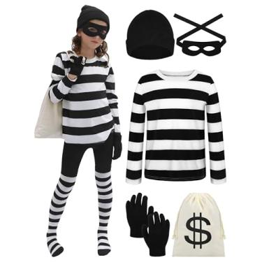 Imagem de URATOT Conjunto de fantasia infantil de ladrão preto e branco listrado, camiseta, bolsa de lona, luvas, patch para olhos e gorro