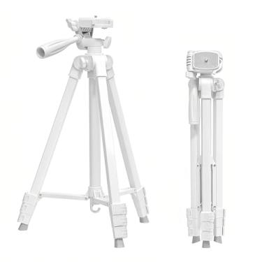 Imagem de kakotopa Tripé leve – cabeça panorâmica/inclinável de 3 direções ajustável em 5 seções, rotação de 360°, compatível com smartphone/DSLR/SLR/projetor, perfeito para vlog/videoconferência/viagem (branco