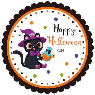 Imagem de 108 peças de adesivos de feliz dia das bruxas 5 cm adesivos de etiqueta de nome de doces decorações de Halloween design de gato preto redondo assustador adesivo de etiqueta para embrulho de presente