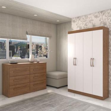 Imagem de Guarda-Roupa Solteiro Europa 4 Portas e Cômoda 6 Gavetas Cinamomo/Off 