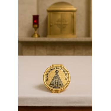 Imagem de Teca Nossa Senhora Aparecida, Porta Eucaristia/Remédio/Terço, Metal, 6 x 6 x 1 cm, 600g, Acabamento Delicado