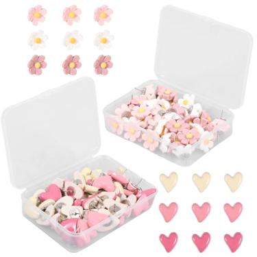 Imagem de YLMFTNU 100 pinos de pressão de flores, pinos decorativos de coração de 0,47 polegadas, pinos de quadro de cortiça com ponta, tachas de polegar fofas rosa, tachinhas florais para quadro de avisos