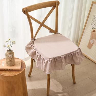 Imagem de vctops Almofada de cadeira de algodão com babados para cozinha, sala de jantar, casa de fazenda, neutro, almofada de assento fina, espuma macia, antiderrapante, com capa removível (camelo, 40,6 cm x