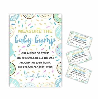 Imagem de Conjunto de jogo Measure The Baby Bump para chá de bebê - tema de donut, qual é o tamanho da barriga da mamãe, 1 placa de pé com 50 ingressos, revelação de gênero, artigos de festa e decoração de