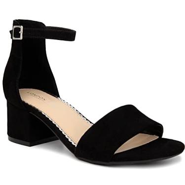 Imagem de LONDON FOG Sandália feminina Nikki baixa salto bloco duas peças sapato feminino tira no tornozelo, Preto, 6.5