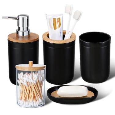 Imagem de iMucci Conjunto de acessórios de banheiro 4 peças de acessórios de decoração de banheiro, suporte de escova de dentes, copo de escova de dentes, dispensador de sabonete, saboneteira (capa de bambu preta)
