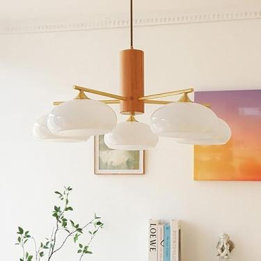 Imagem de Lustre de vidro de leite de fazenda com 5 luzes, vidro branco, Sputnik, moderno de meados do século, luminária pendente vintage rústica de madeira para teto, sala de estar, quarto, sala de j