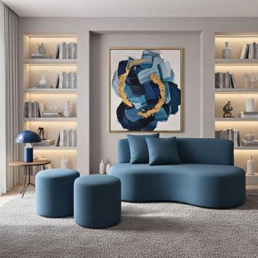 Imagem de Conjunto Sofá Curvo Orgânico + 2Puffs Nature Gaia Suede Azul Royal - M