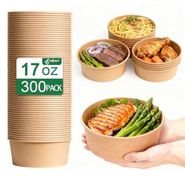 Imagem de 300 tigelas de papel redondas descartáveis com tampa de 500 ml, recipientes para micro-ondas tigelas de açaí à prova de vazamento, tigela de salada com tampa para almoço, tigelas descartáveis com