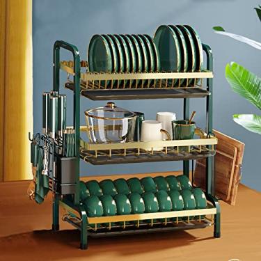 Imagem de Escorredor de pratos de 3 níveis, escorredor de pratos com bandeja coletora, escorredor de pratos de metal, tábuas de corte, utensílios, suporte de talheres, suporte de pratos para balcão de cozinha