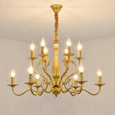 Imagem de YQSLQZZ Lustre de vela dourada, lustres de sala de jantar vintage americanos, iluminação decorativa acima da mesa de jantar, luminária suspensa de teto ajustável em altura
