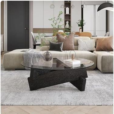 Imagem de Mesa De Café Moderna De Meados Do Século Perna De Madeira Maciça Tampo De Vidro, Pequena Mesa De Centro Redonda Para Sala De Estar, Black Leg+transparent Glass