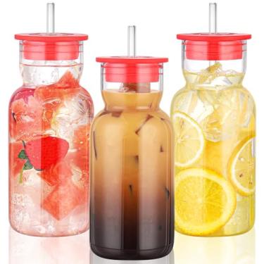 Imagem de CWHHRN Copos de vidro de 500 ml com tampa e canudo, copo de vidro com canudo e tampa, vidro vintage para suco de cerveja de coquetel de uísque, xícaras de café gelado com tampa (pacote com 3)