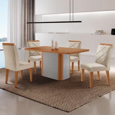 Imagem de Mesa De Jantar Isadora Mdf Com 4 Cadeiras Moderna Mobilia Veludo Creme/ Laminado