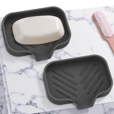 Imagem de Pacote com 2 saboneteiras pretas de silicone com drenagem inclinada – Suporte de sabão em barra para pia de banheiro e cozinha (4,72 × 3,188 cm)