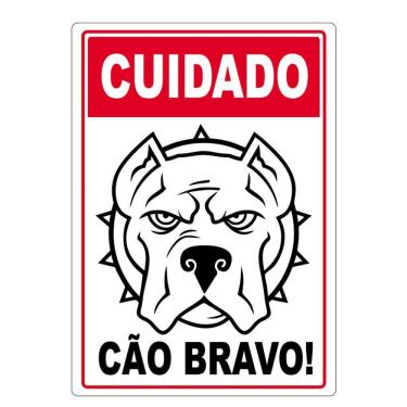Imagem de Adesivo Placa Cuidado Cão Bravo Vertical 27X17Cm Vermelho