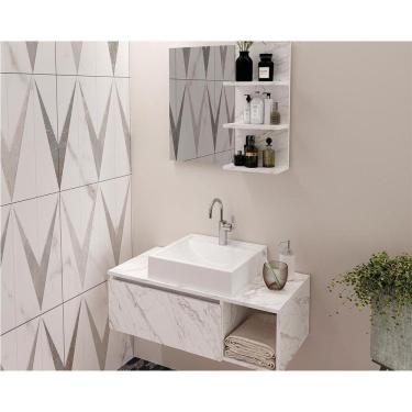 Imagem de Conjunto De Banheiro Balcão Suspenso Bn3601 S- Cuba 80cm E Armário C- Espelho Bn3608 Cor Mármore Branco - Tecno Mobili