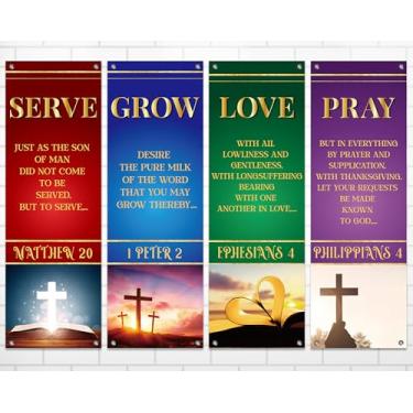 Imagem de 4 faixas de igreja para parede de santuário, banners religiosos, para servir crescer, amar, rezar, pendurar pano de fundo colorido para pendurar na igreja, placas escrituras, versículo bíblico, banner