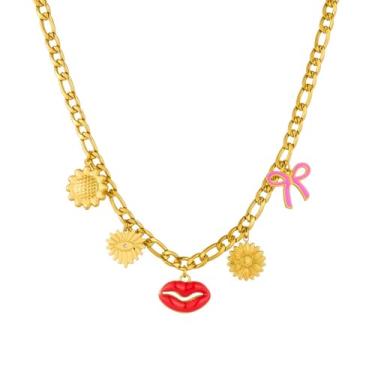 Imagem de Kokoma Colar feminino com pingente de lábios, pingente de girassol e laço de aço inoxidável, gargantilha ajustável, joia moderna