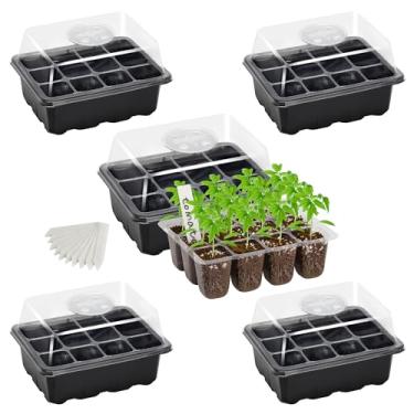 Imagem de Pacote com 5 bandejas de sementes para iniciantes, kit de iniciante de plantas ajustável com cúpula e base de estufa para crescimento de sementes (12 células por bandeja)
