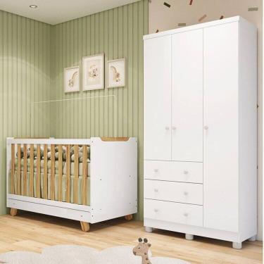 Imagem de Quarto de Bebê com Guarda-roupa 3 Portas e Berço 4 em 1 Minicama 100% Mdf Mike Espresso Móveis Branco Brilho/Amêndoa
