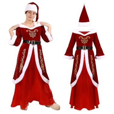 Imagem de AiMiAO Conjunto de fantasia feminina de Papai Noel, vestido adulto com chapéu para festa de cosplay de Natal e Ano Novo, Vermelho, M