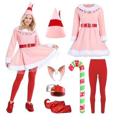 Imagem de Esiaphia Fantasia de elfo para mulheres, vestido de Natal com cinto, calças, balões, orelhas de elfo, fantasia de Natal cosplay, rosa, Medium