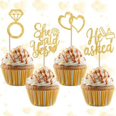 Imagem de BEISHIDA He Asked She Said Yes Toppers de cupcake, 24 peças de enfeite de cupcake de noivado com glitter anel de diamante coração palhetas de cupcake para casamento, noivado, chá de panela, decoração