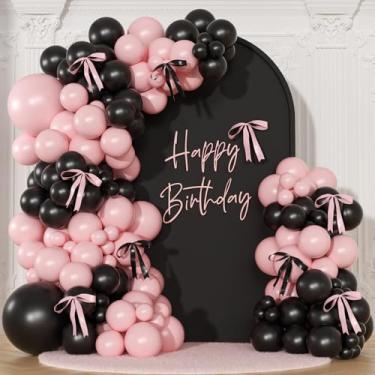 Imagem de Kit de arco de guirlanda de balão preto rosa, 141 peças de balões rosa e preto, tamanhos diferentes, 46,7 cm, 25,4 cm e laços para decoração de festa de aniversário, casamento, chá de bebê, chá de