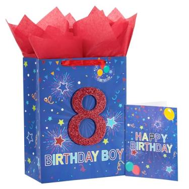 Imagem de Loveinside Bolsa de presente azul de aniversário com papel de seda, etiqueta de presente e cartão comemorativo para meninos de 8 anos, crianças, festas e mais, 25,4 x 12,7 x 33 cm, 1 peça, 8 anos de