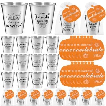 Imagem de Yoiemivy Conjunto de 24 copos de shot Happy Friendsgiving Presentes de lembrancinhas de festa de Ação de Graças de aço inoxidável de 59 ml com sacos de organza e cartões de agradecimento para