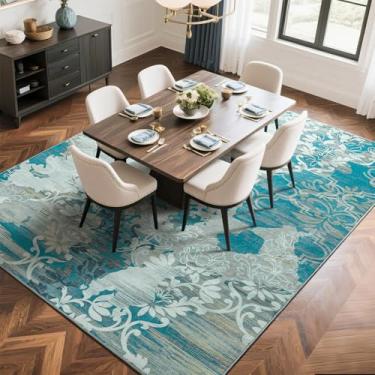 Imagem de Przemy Tapetes de área para sala de estar, tapete lavável para quarto, tapete antiderrapante vintage para dormitório, sala de jantar, berçário, escritório, sala de jogos, azul e branco