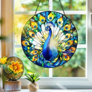 Imagem de Acrílico colorido, apanhador de sol, decoração de janela suspensa de pavão, arte de parede de arco-íris, para sala de estar, quarto, varanda, interior, exterior, jardim, animais, decoração, 19 x 19 cm