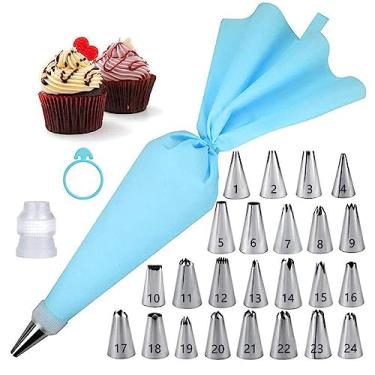 Imagem de Kit de decoração de bolo de 27 peças com 24 bocais de aço inoxidável, saco de silicone reutilizável, acoplador e gravata - conjunto de sacos de confeiteiro e pontas para cupcakes, biscoitos e assar