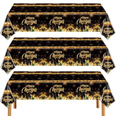Imagem de BCCSNNM 3 toalhas de mesa de feliz ano novo retangulares descartáveis de plástico preto dourado NYE capas de mesa para decoração de mesa de festa de ano novo suprimentos 137 x 274 cm